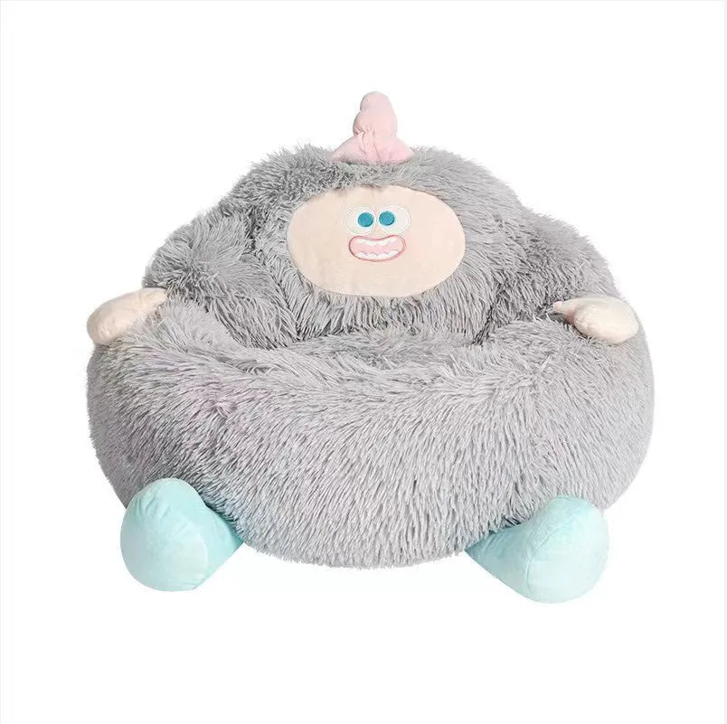 Grey plush circular pet nest bed with high walls for cats and dogs