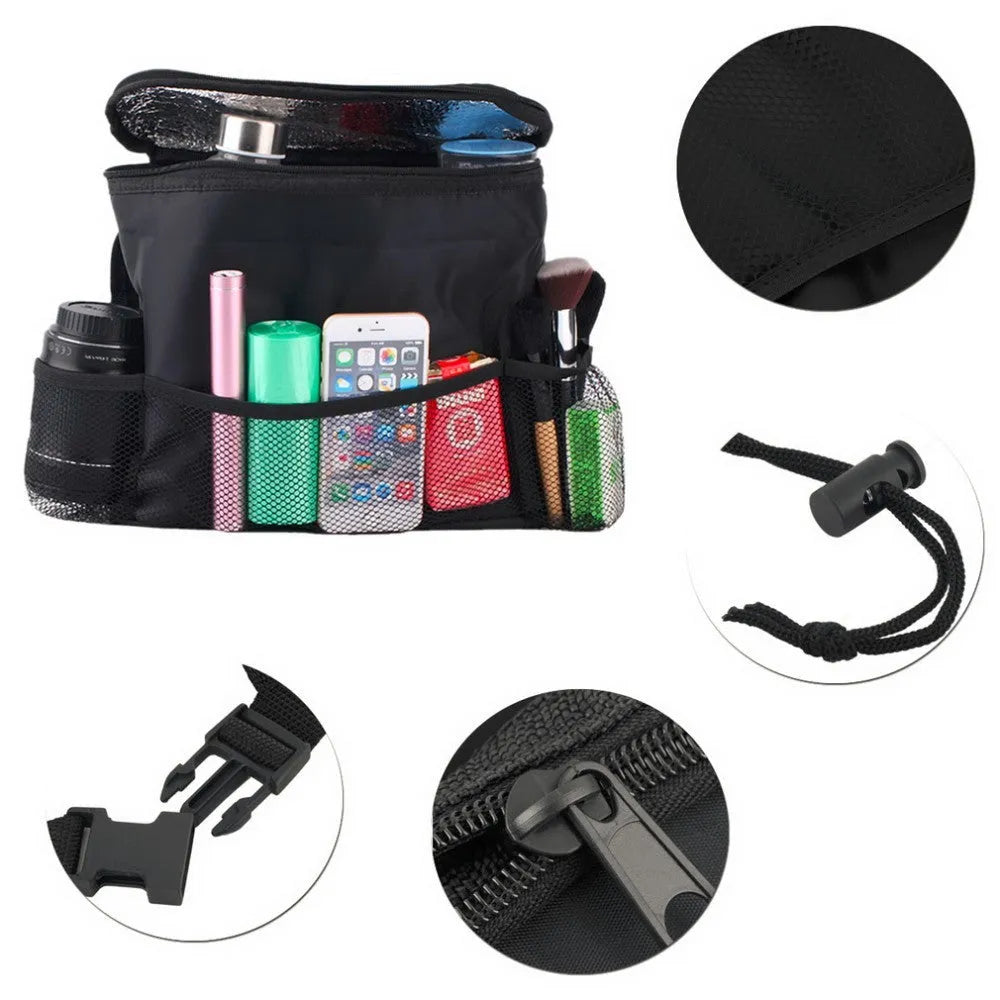 Universal car seat back multi-pocket storage organiser in black nylon with adjustable straps