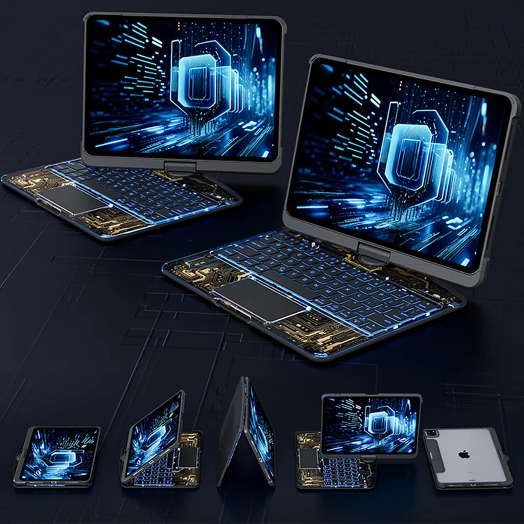 360 swivel transparent keyboard case for iPad with trackpad and pen slot, showing open position