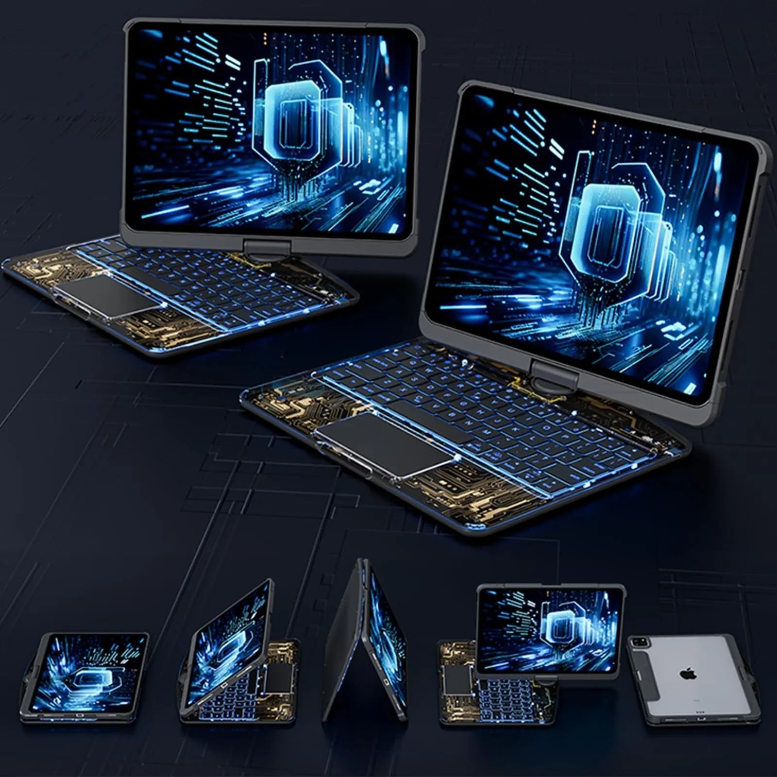 360 swivel transparent keyboard case for iPad with trackpad and pen slot, showing open position