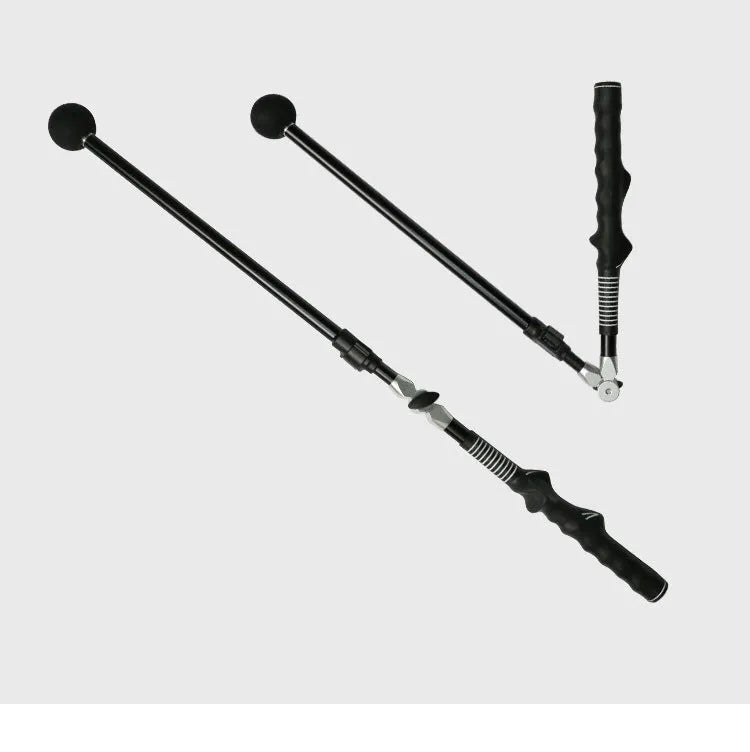 Golf folding swing trainer with aluminium shaft and rubber grip, extended to 110cm, black colour