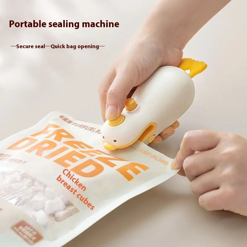 Yellow duck-shaped rechargeable bag sealing machine with animal jacquard pattern and charging cable