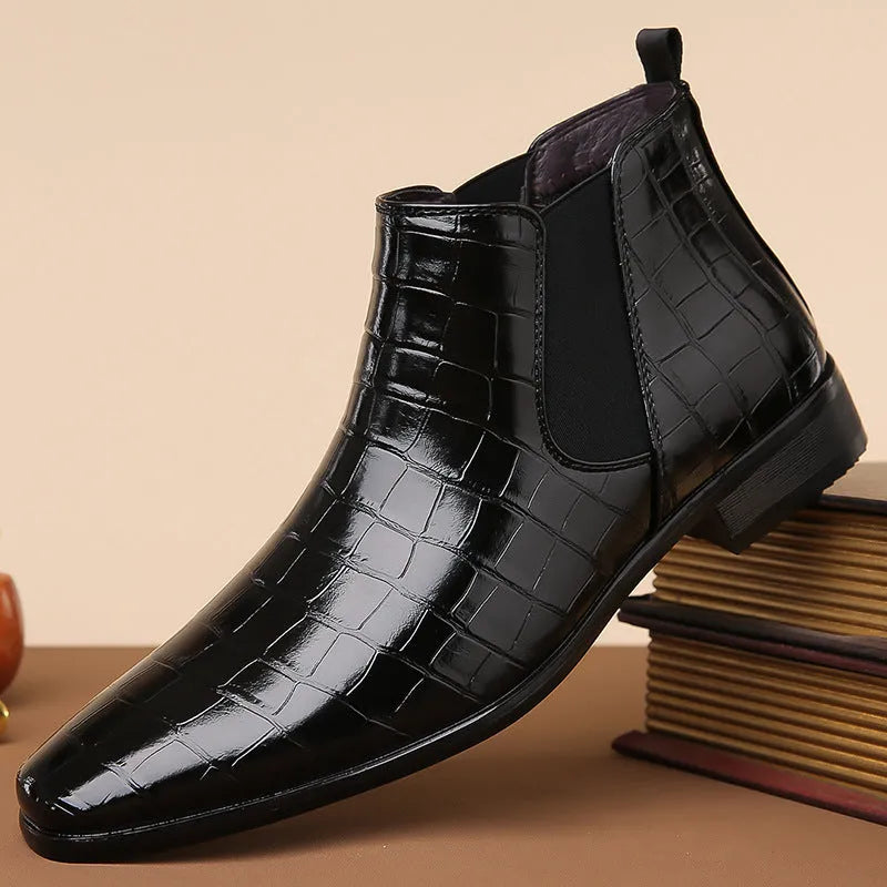 Men's glossy high-top Chelsea boots in black brown with artificial leather upper and rubber sole