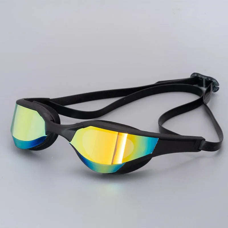 Racing style anti-fog waterproof swimming goggles showing adjustable nose bridges on a blue background