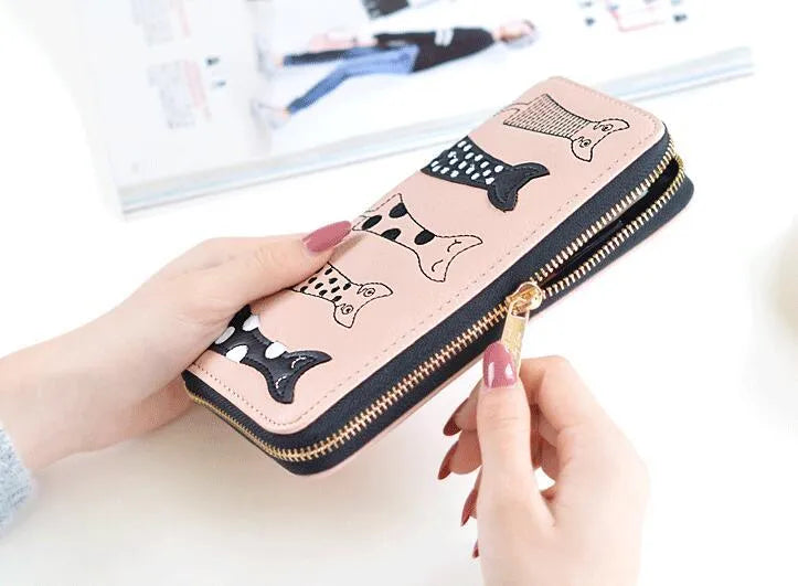 Women cat cartoon wallet in artificial leather, compact 10x18.8x3cm, available in six colours including beige and black