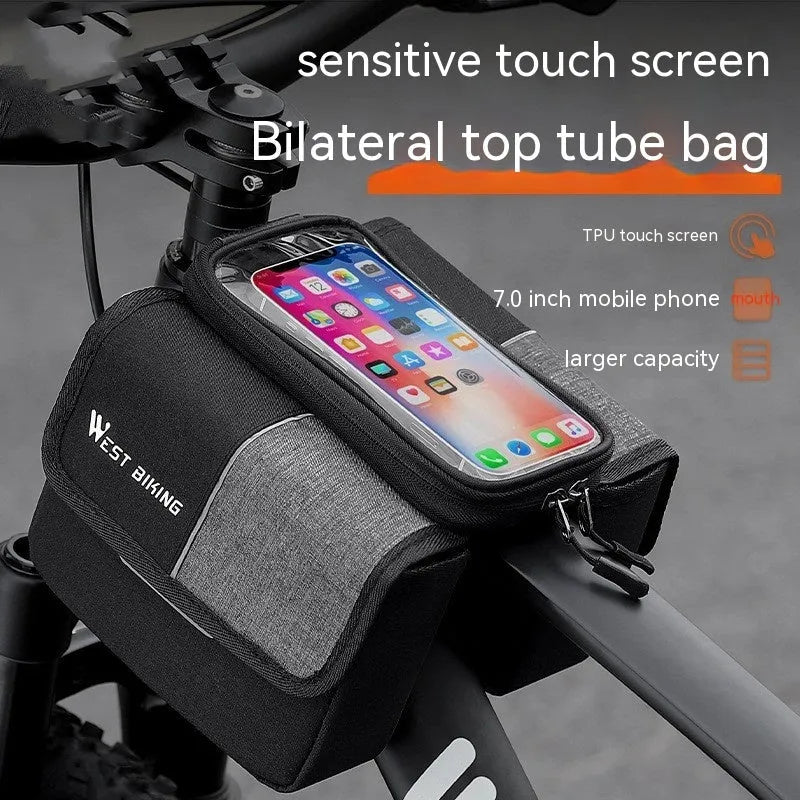 Black and grey Oxford cloth bicycle saddle bag with two separate storage tubes mounted under a bike seat.