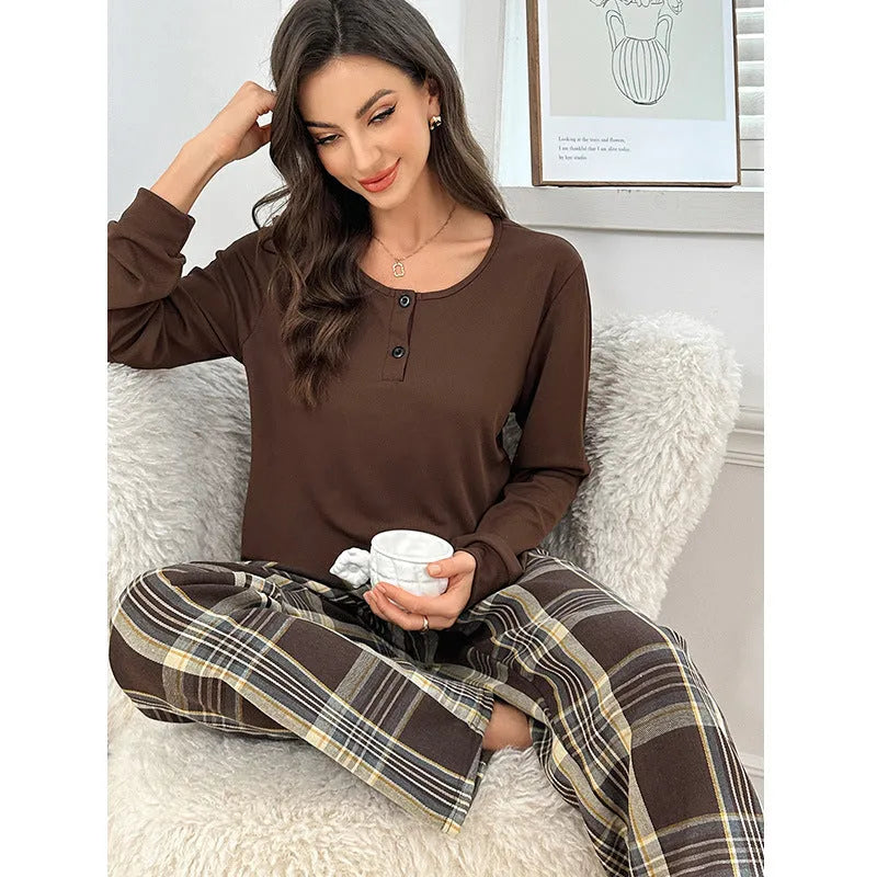 Milk silk plaid pants and button pullover set in Brown or Wine Red, sizes S to XXL