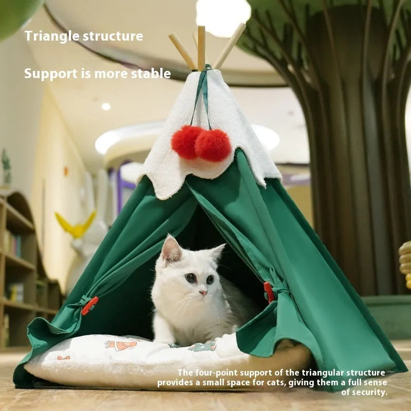 Semi-closed thick cloth cat house bed in brown or white, shown in two size options.