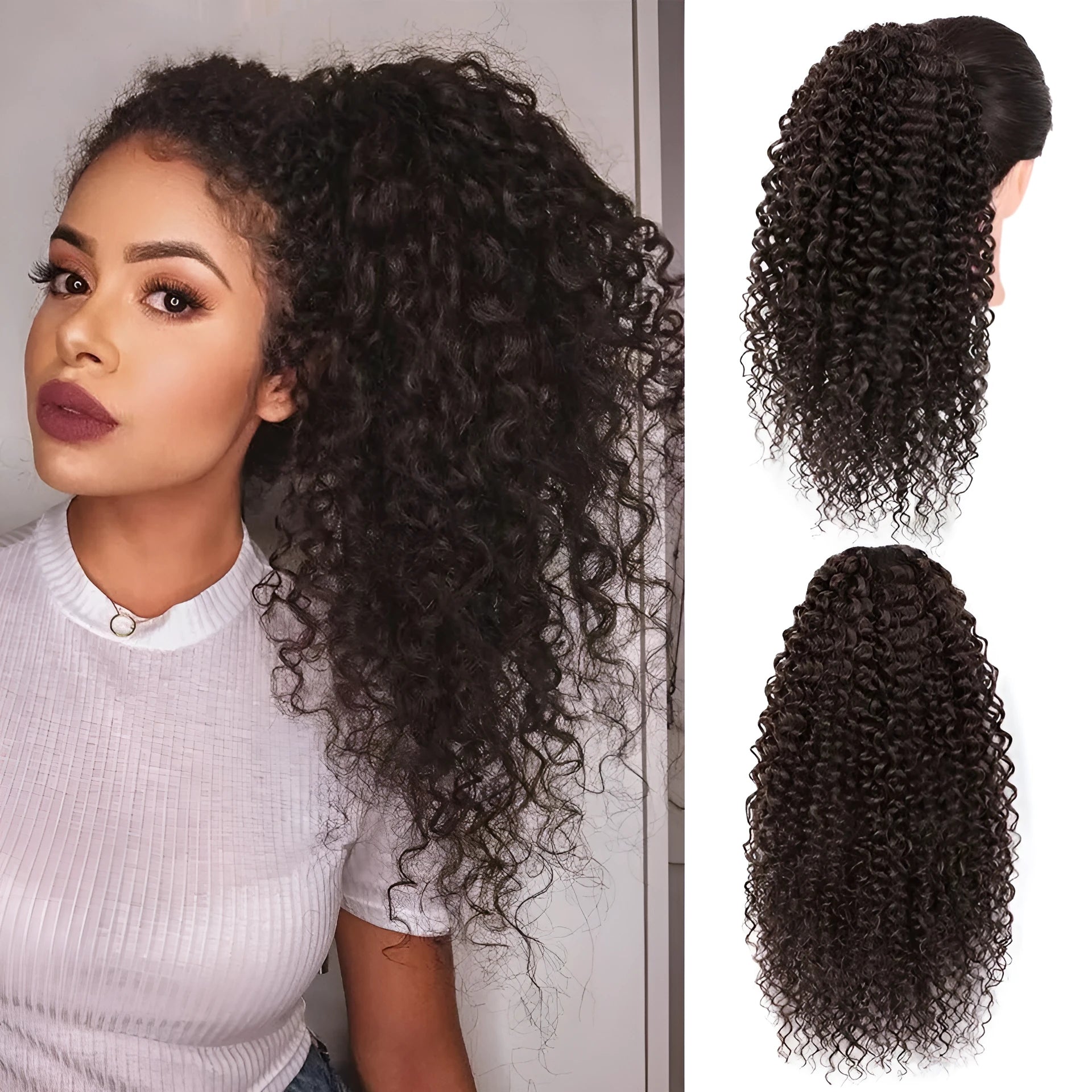 Drawstring puffy ponytail afro curls wig in medium length for ladies, style simple, colour #1B
