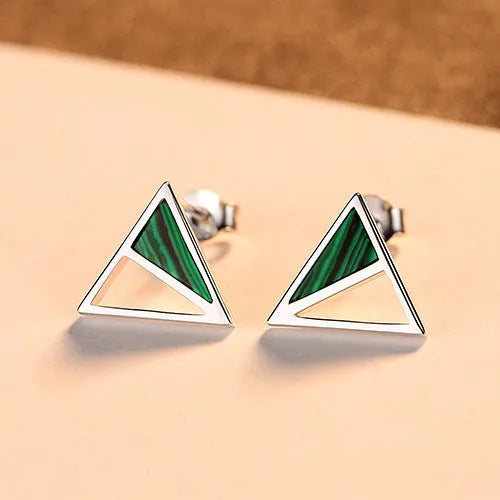 Pair of green malachite stud earrings in pure silver with geometric Korean-style design