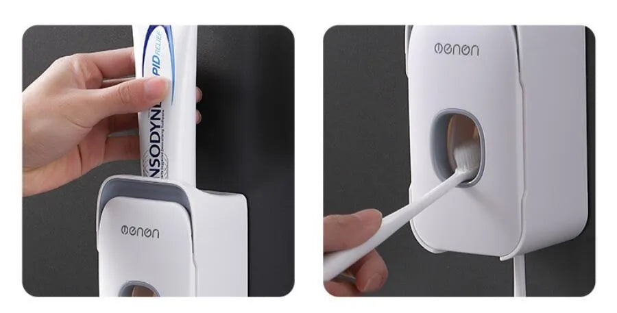 Blue automatic toothpaste dispenser mounted on a bathroom wall with a push-button for one-handed use.
