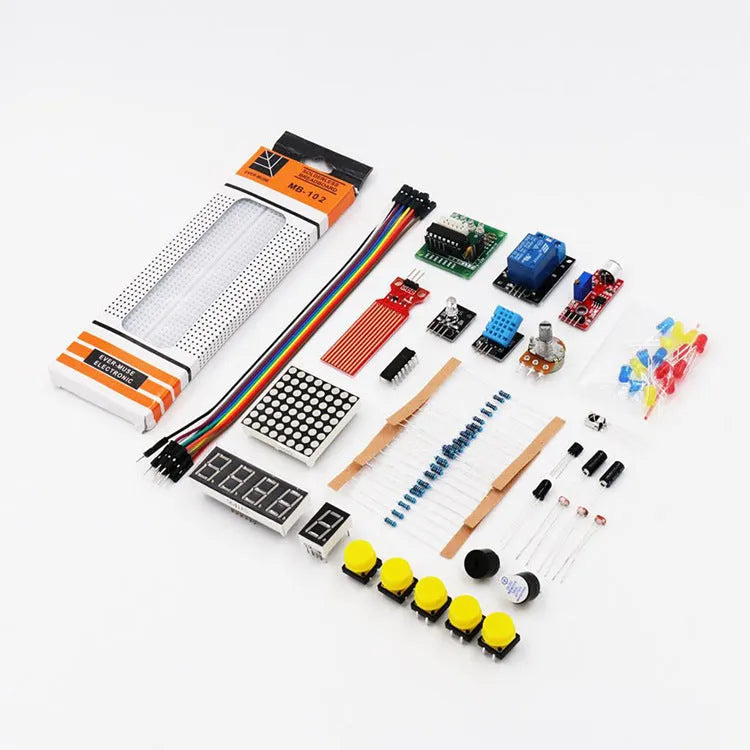 RFID upgraded Arduino starter kit with stepper motor, UNO board, breadboard, sensors, and LCD modules