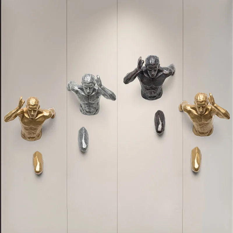 Modern resin wall hanging decoration with character design in metallic copper, gold or silver finish options