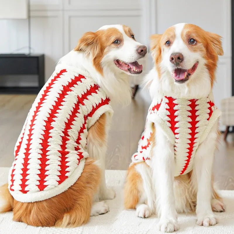 Golden Retriever wearing a red polyester fleece dog coat with casual fit