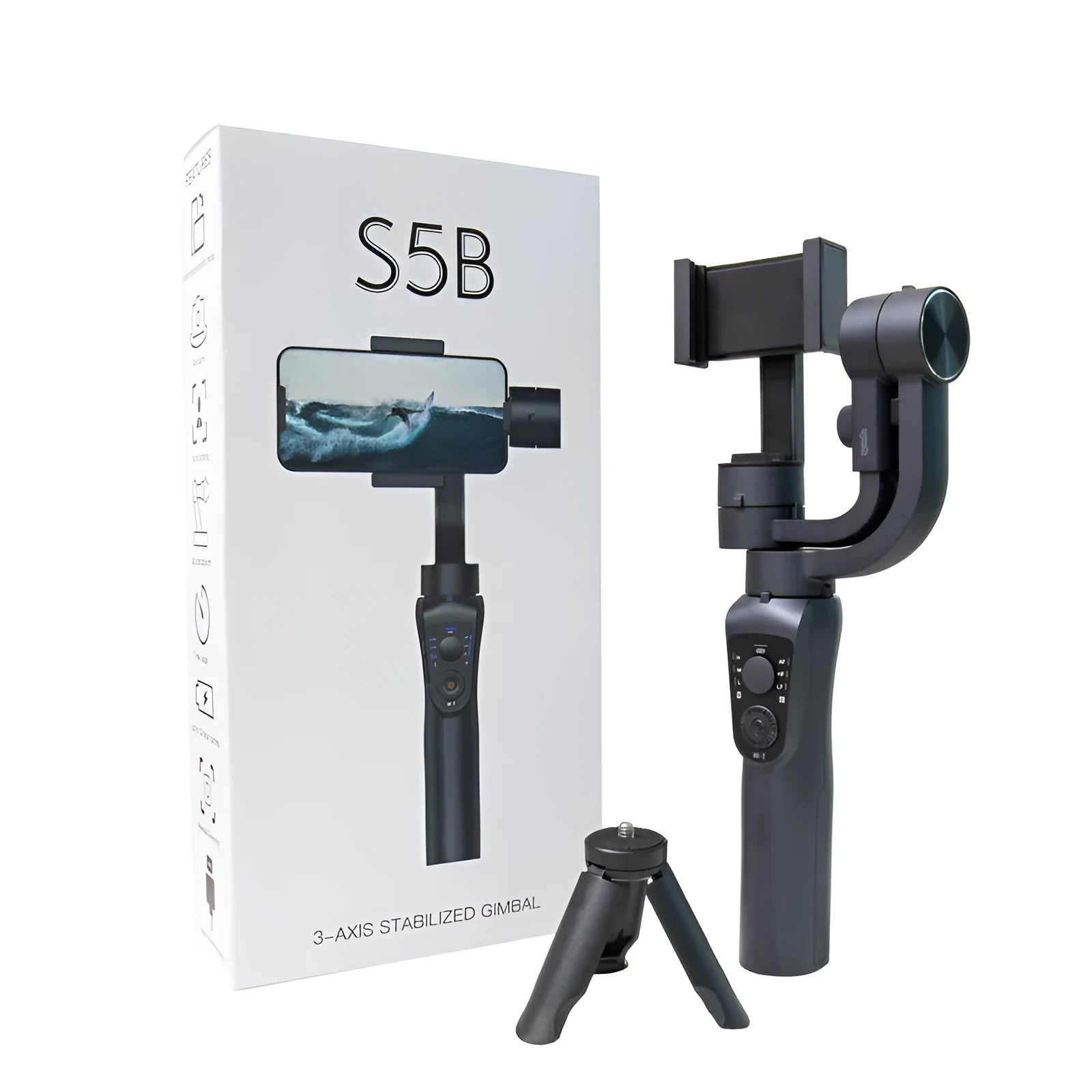 Black three-axis handheld gimbal stabilizer for mobile phones with extended battery and included hard case.