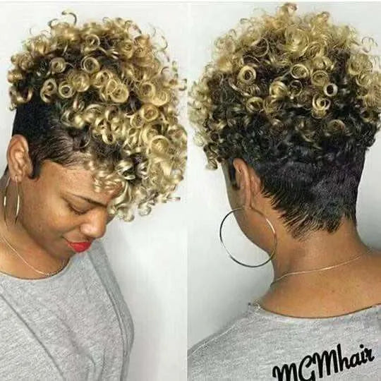 Women's short synthetic wig with curly rolls style in Kanekalon, shown in black.
