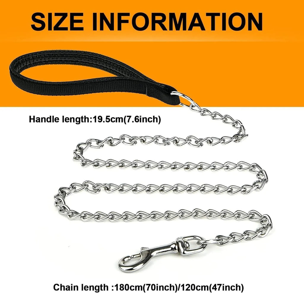 Heavy duty metal dog chain leash with a soft black padded handle.