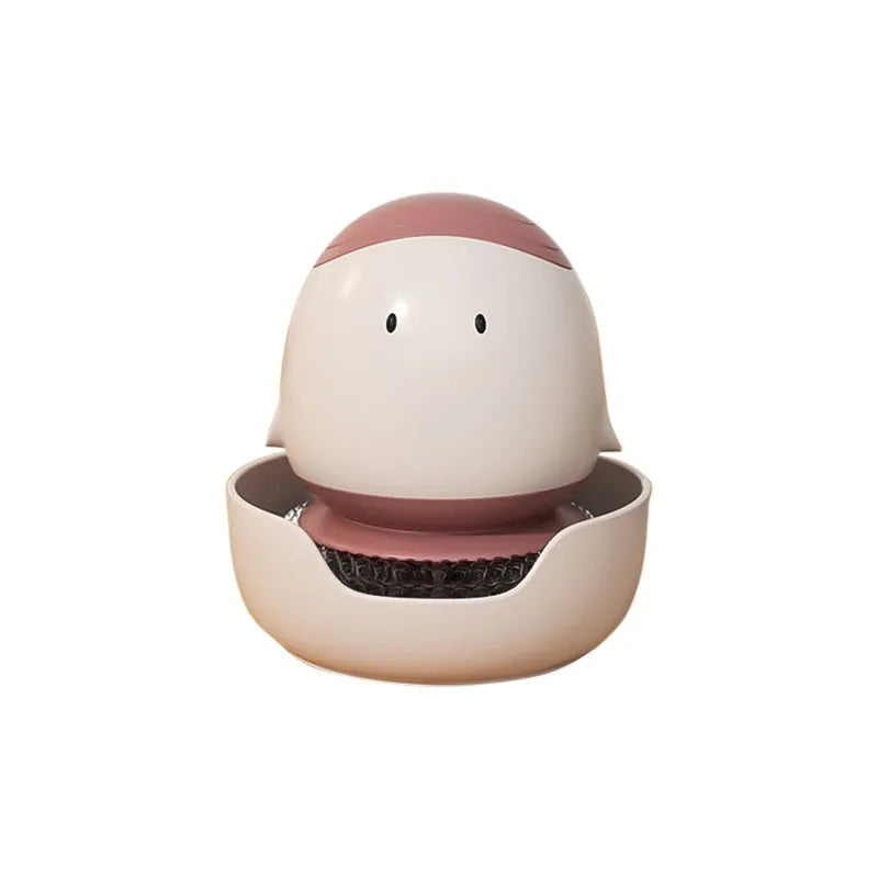 Automatic liquid filling dishwashing brush shaped like a chicken, in Bean Red, with ergonomic handle and wall mount