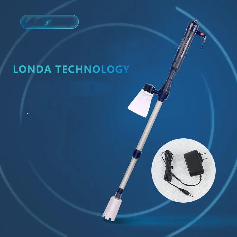 Electric aquarium cleaning siphon with telescopic handle and blue hose on a black base