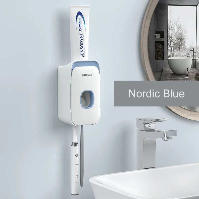 Wall-mounted automatic toothpaste dispenser with touch sensor and LED light in blue colour