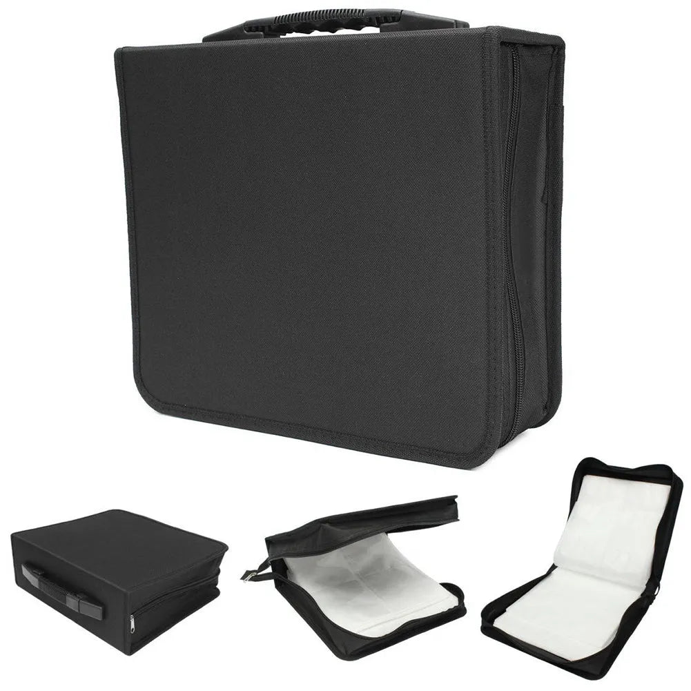 Black oxford fabric CD DVD storage wallet with hand strap and zipper, showing interior disc slots.