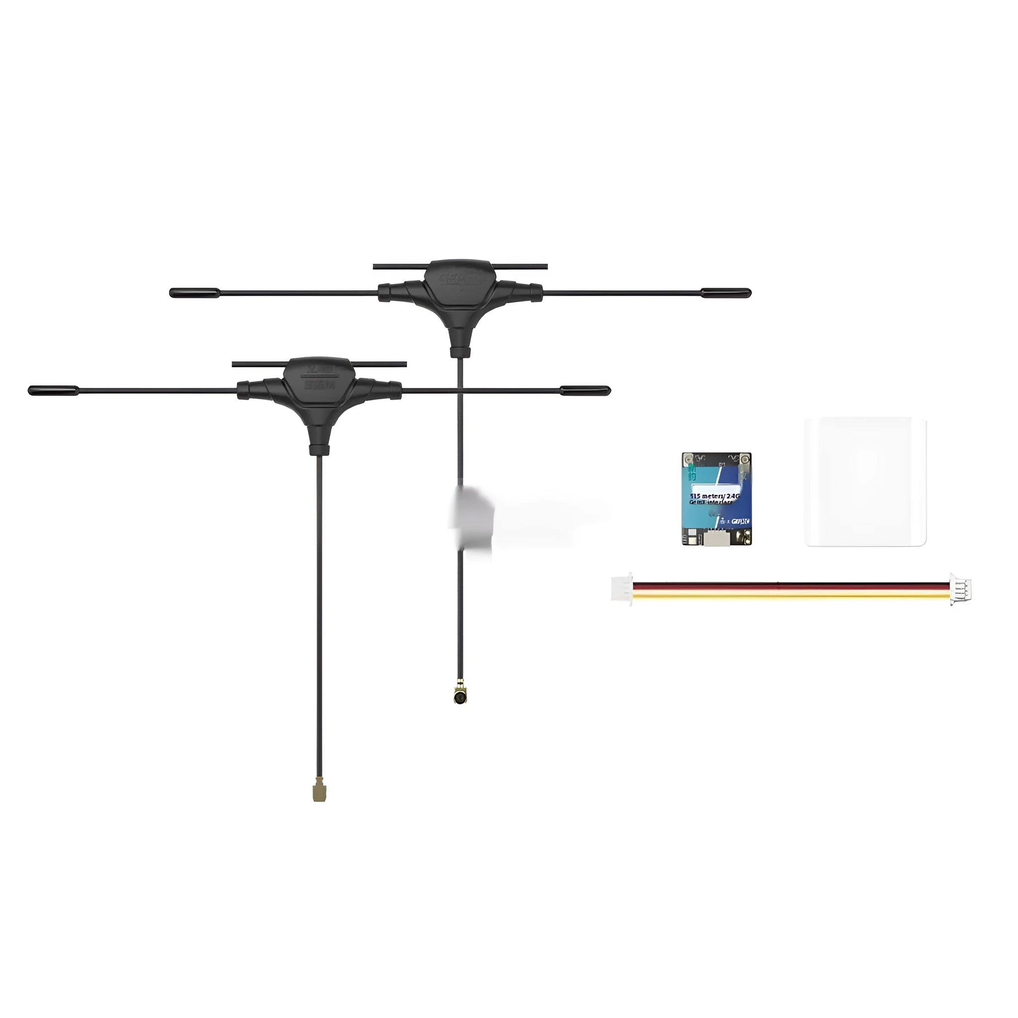 ELRS dual-band 915MHz 2.4GHz FPV receiver with two T-shaped antennas and connecting cables on a table.