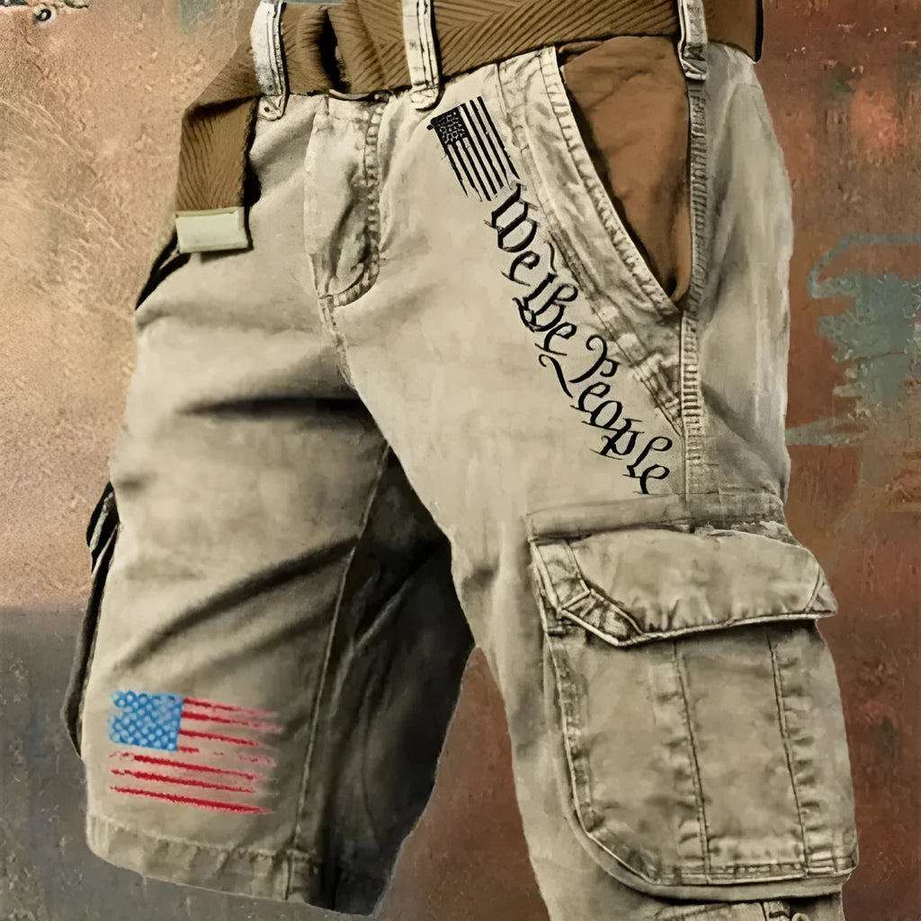 Men's khaki workwear casual fifth pants with multiple pockets and loose fit