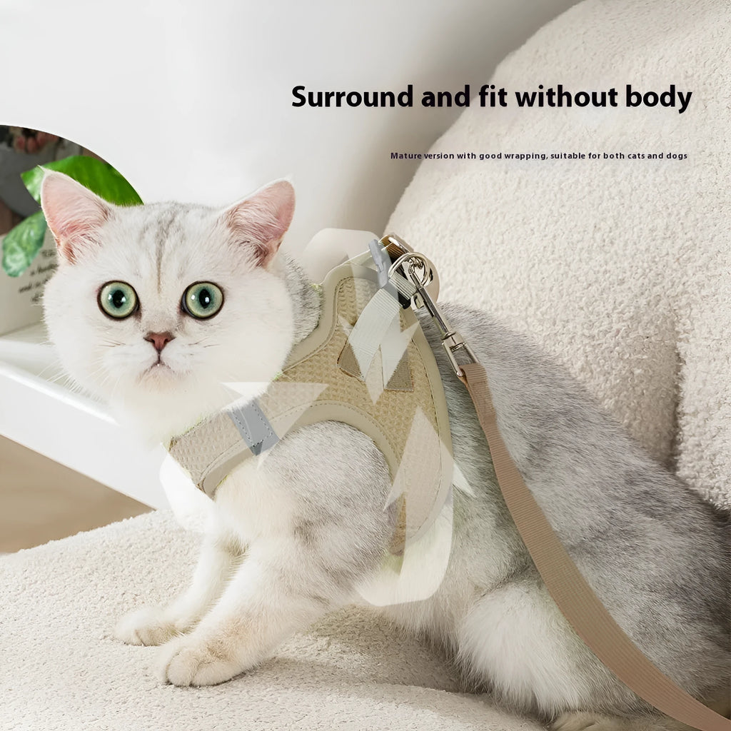 Brown waffle cloth cat harness with chest strap and matching hand holding rope