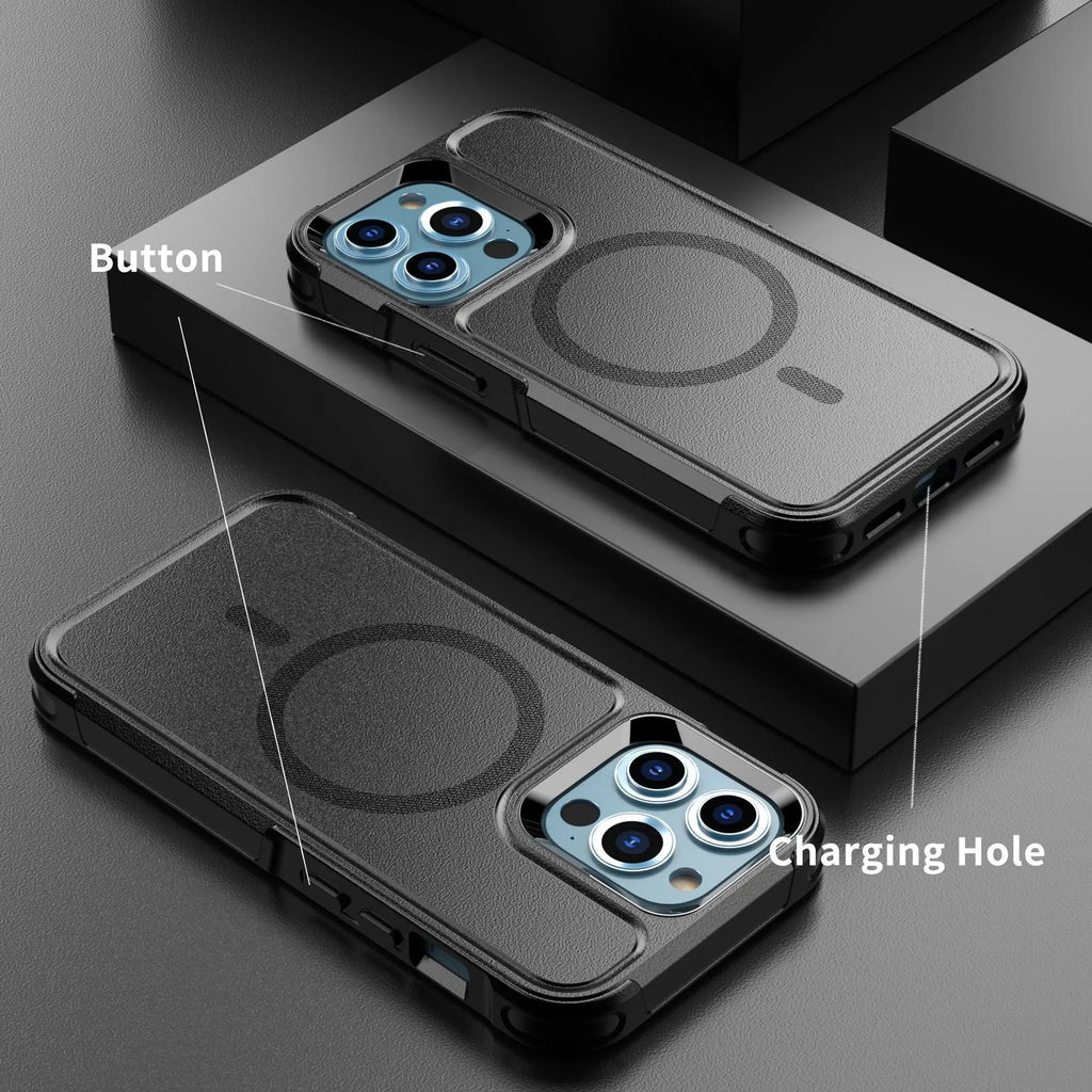 Black shatterproof magnetic iPhone case for iPhone 12 and iPhone 13 models with PC+TPU construction