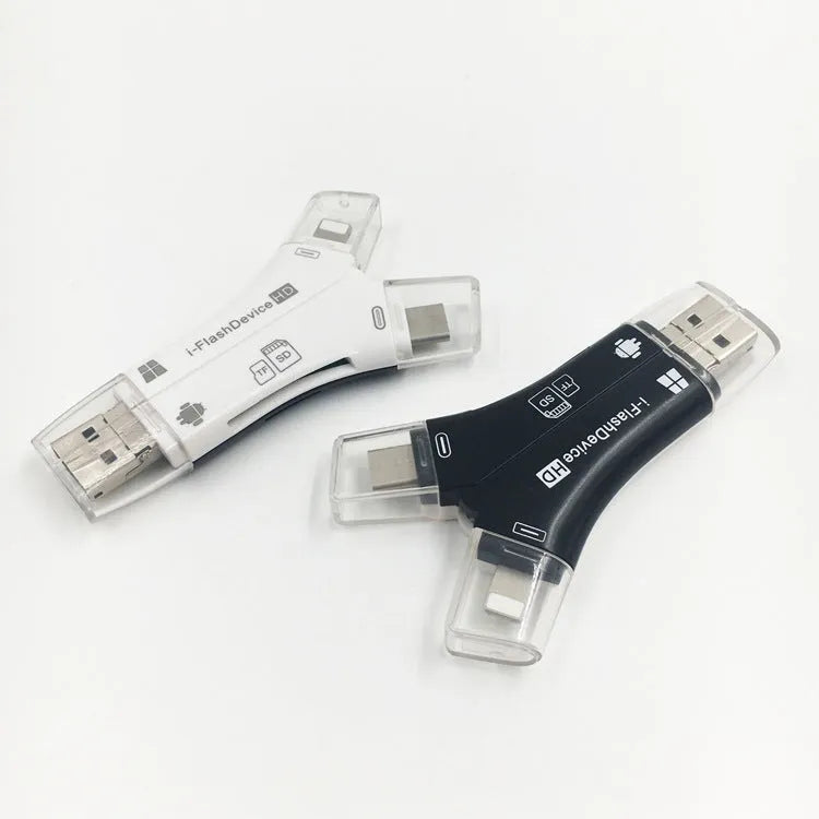 Multi-function card reader in white, gold, and black colours, supporting MicroSD SD TF cards, 81x51x11mm size