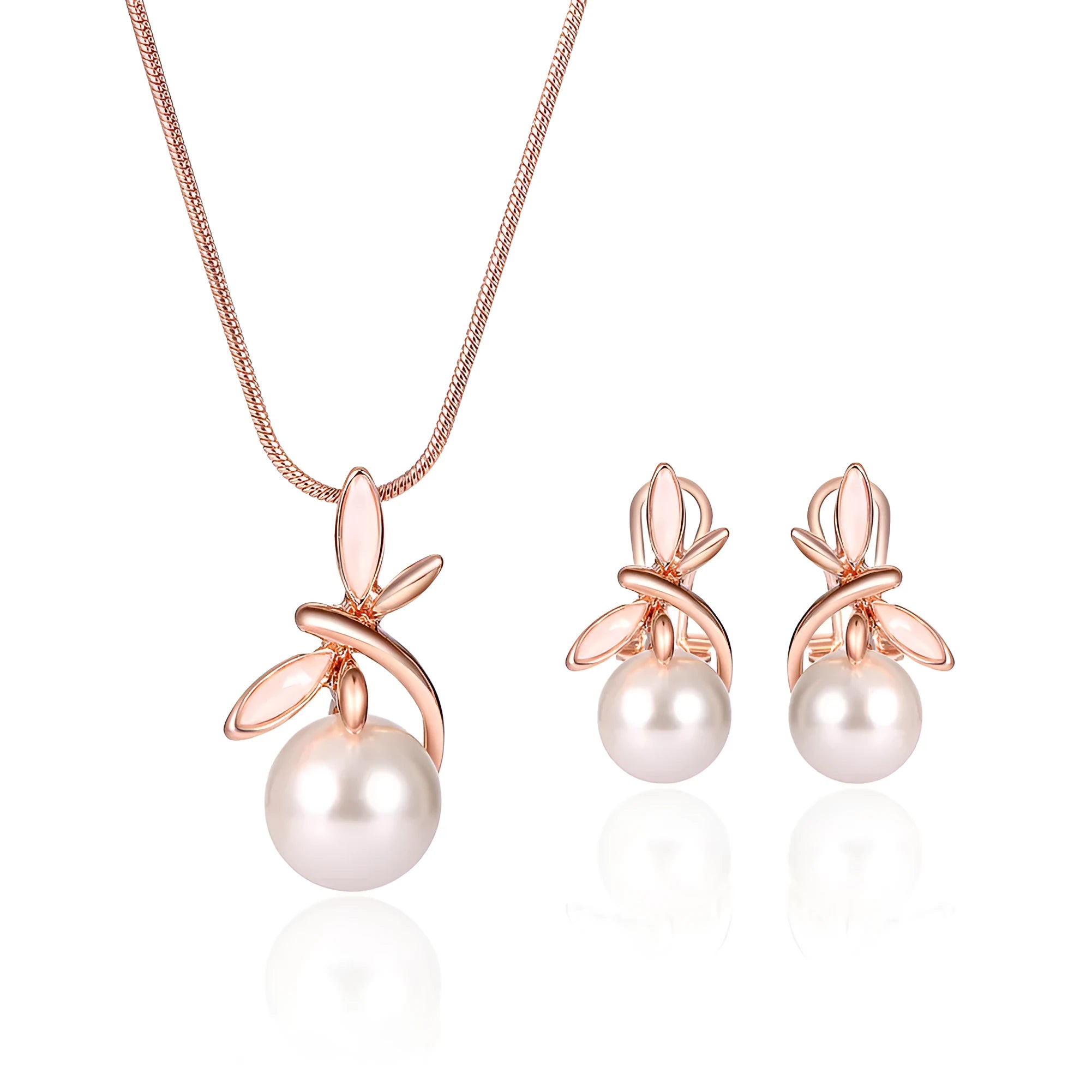 Rose gold alloy necklace with artificial gem pendant and matching earrings on a display surface