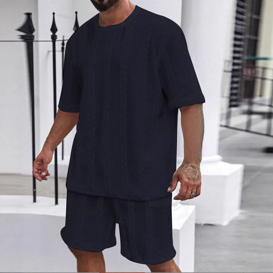 Men's Jacquard knitted summer set showing short sleeve pullover and matching shorts in light grey