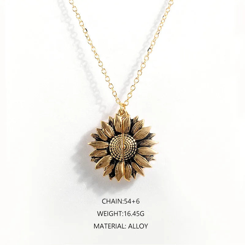 Sunflower double-layer lettering alloy pendant necklace with flower open and close design in gold finish