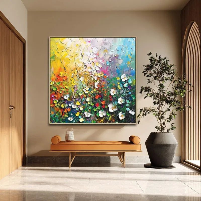 Handmade abstract thick oil 3D palette knife flowers painting on canvas, square format, no frame, multiple colours and sizes