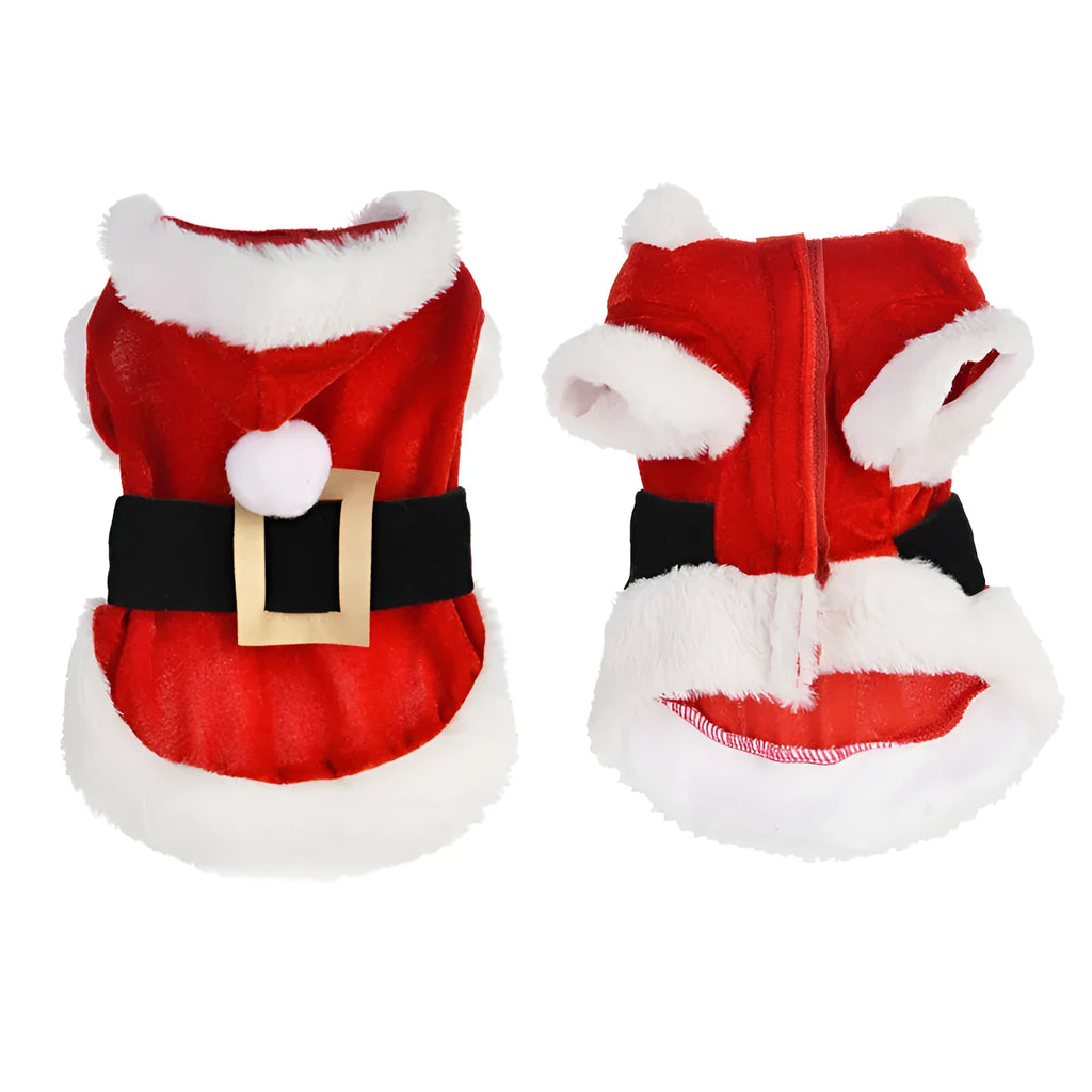 Red dog Christmas costume with faux fur trim shown on a dog, available in sizes XS to L with measured back lengths.