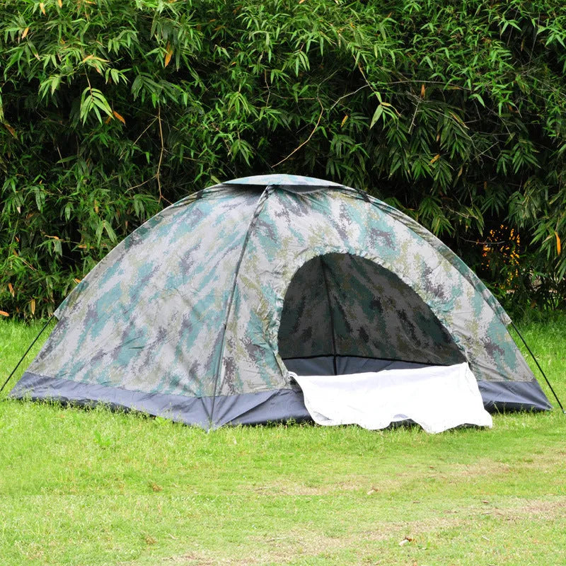 Green camouflage tent with steel ground nails and breathable mesh sections for outdoor camping