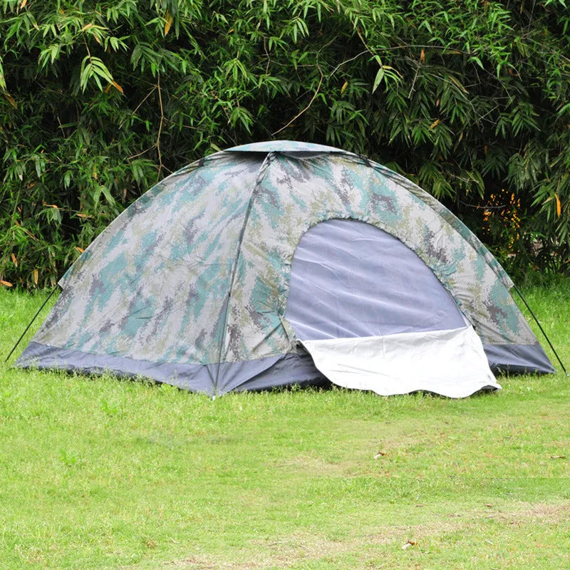 Green camouflage tent with steel ground nails and breathable mesh sections for outdoor camping