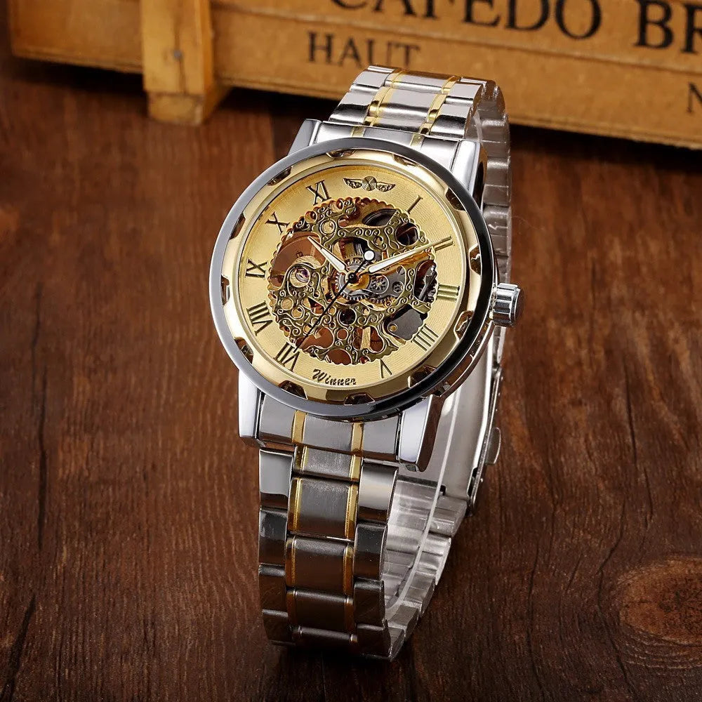 Men's manual mechanical watch with alloy case and mineral glass mirror in gold and black colour option