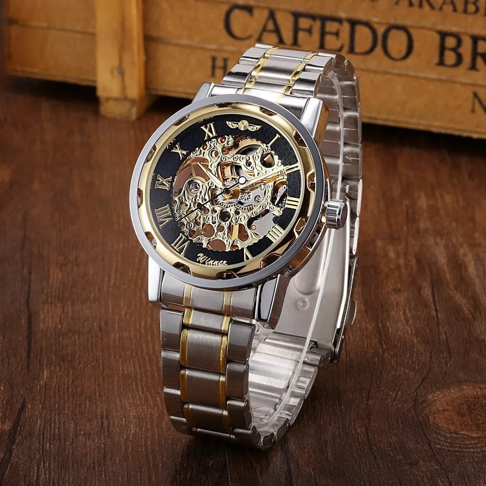 Men's manual mechanical watch with alloy case and mineral glass mirror in gold and black colour option