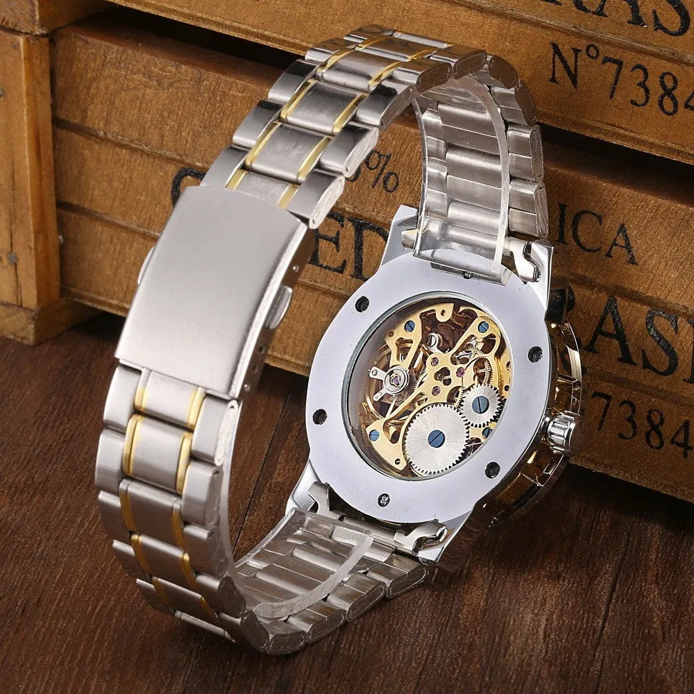 Men's manual mechanical watch with alloy case and mineral glass mirror in gold and black colour option