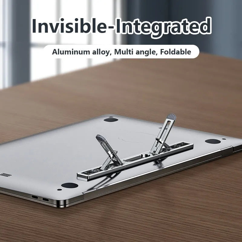 Aluminium laptop cooling bracket with adjustable height in dark grey or silver on desktop
