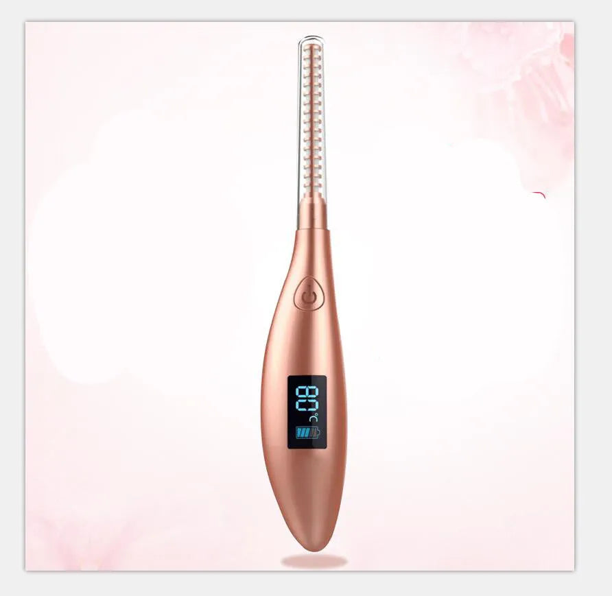 USB rechargeable electric eyelash curler with ceramic 80°C heating and curved brush head in black