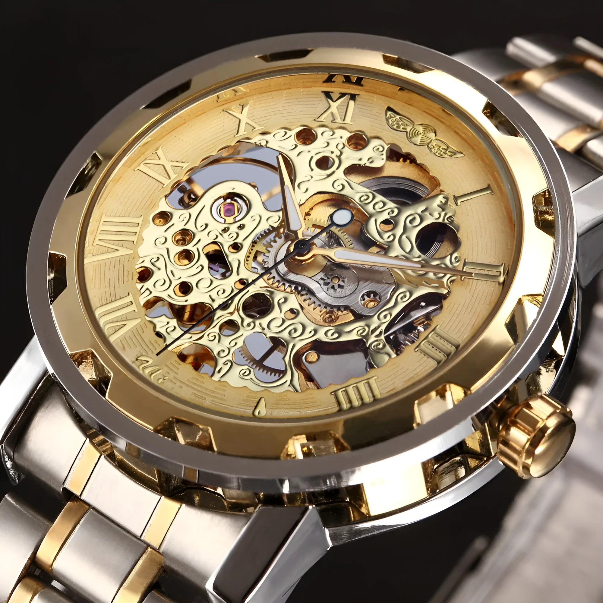 Men's manual mechanical watch with alloy case and mineral glass mirror in gold and black colour option