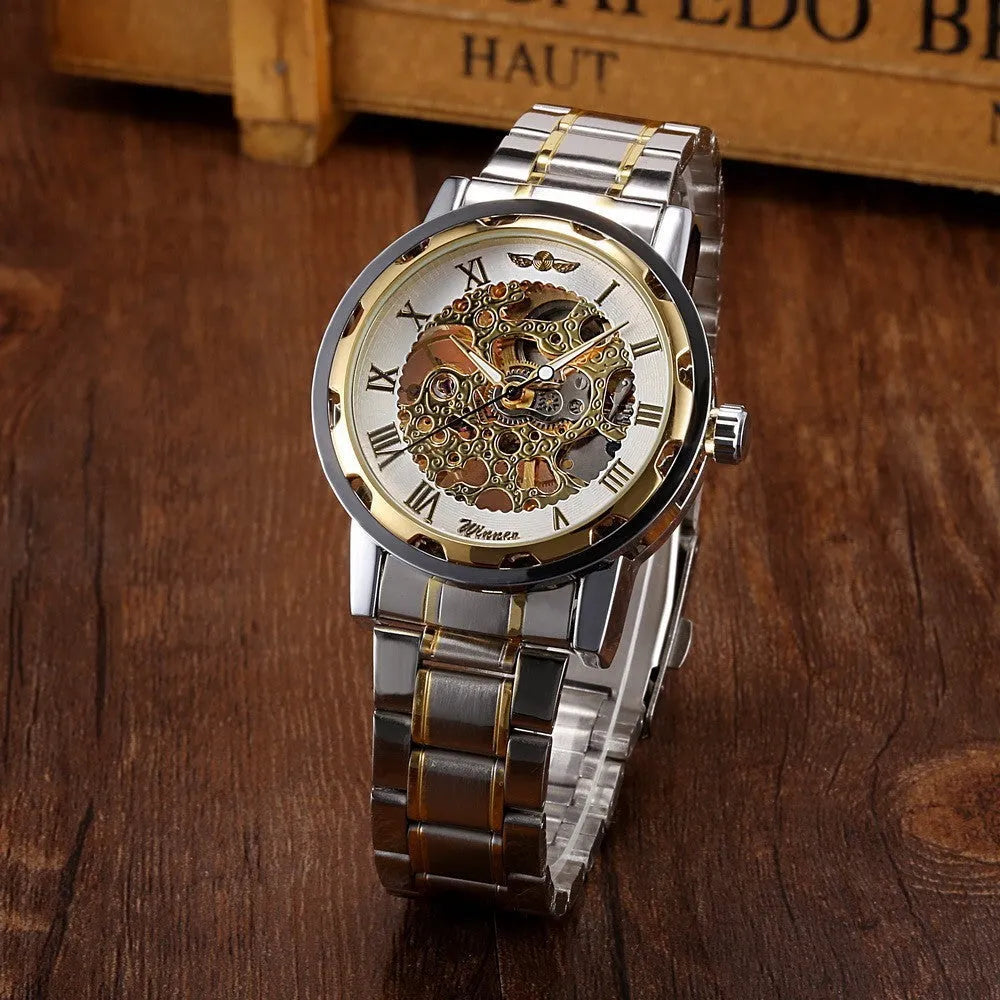 Men's manual mechanical watch with alloy case and mineral glass mirror in gold and black colour option