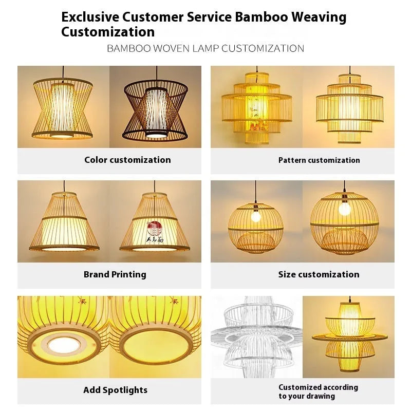 Bamboo lantern chandelier 40x40cm with spotlight, modern Chinese style, Wax Gourd Style, for restaurant ceiling