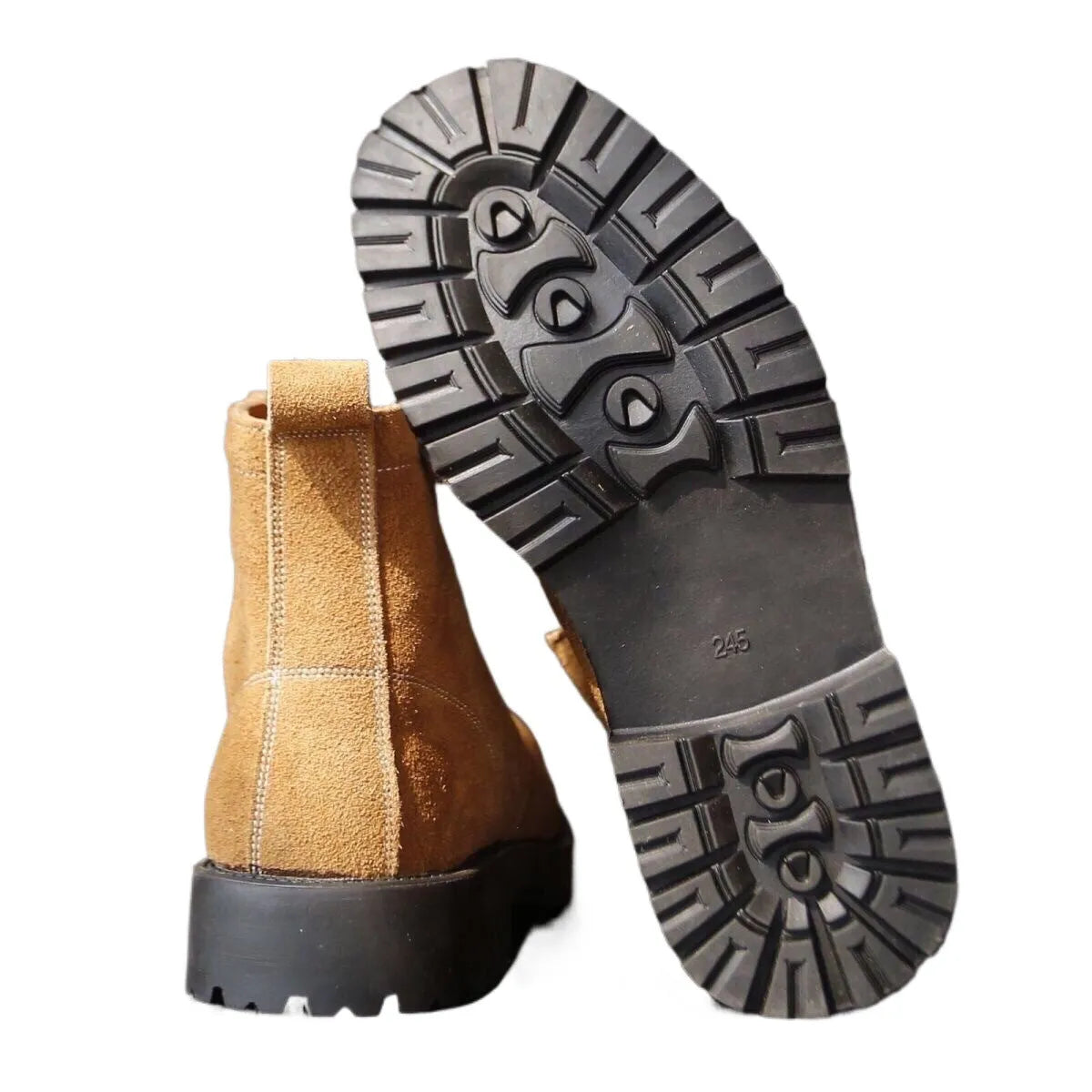 Brown film-coated leather safety boots with leather splicing, steel toe, high shaft, and rubber sole