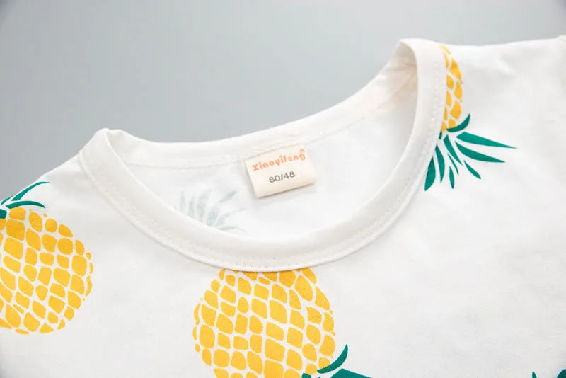 Summer kids cotton short-sleeved T-shirt and shorts two-piece suit in pineapple yellow, sizes 80-120cm