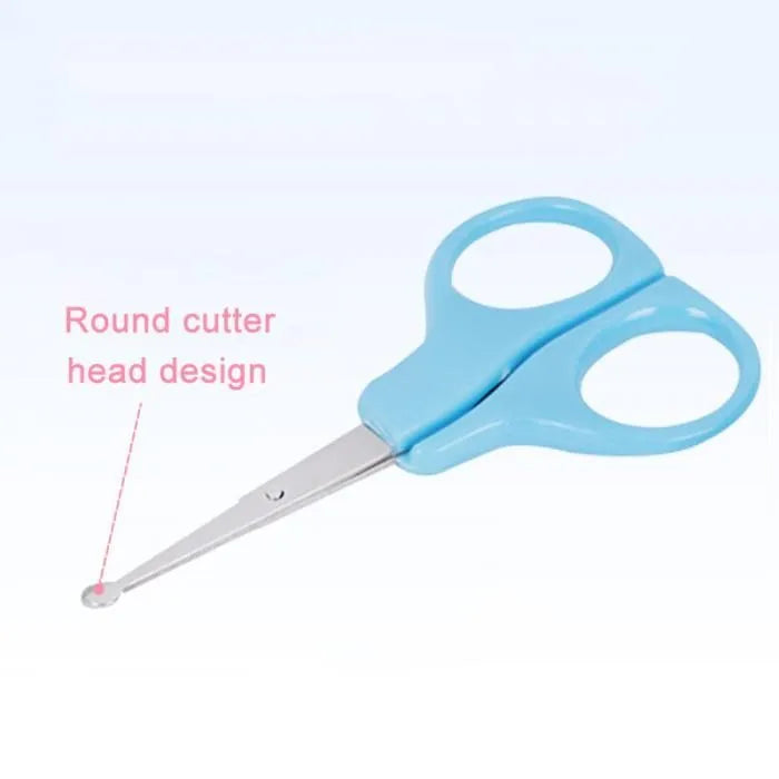 Portable baby health suit 9-piece grooming set in pink with scissors, clippers, comb and thermometer on white background