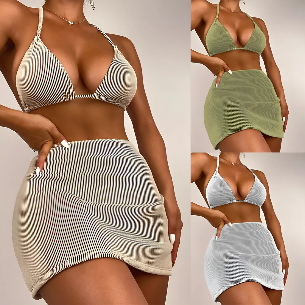 Three-piece rib fabric bikini swimsuit in khaki, black and white, green, and emerald green colour options