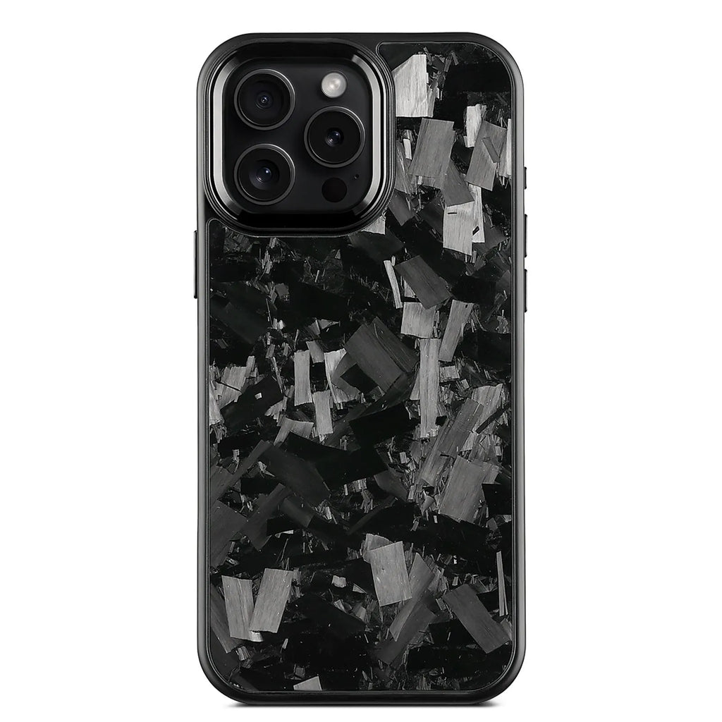 Black metal-framed carbon fibre iPhone case with forged pattern and magnetic feature.